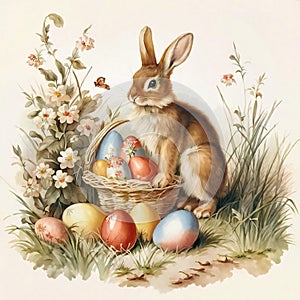 Audubons Cottontail rabbit is sitting next to a basket of Easter eggs
