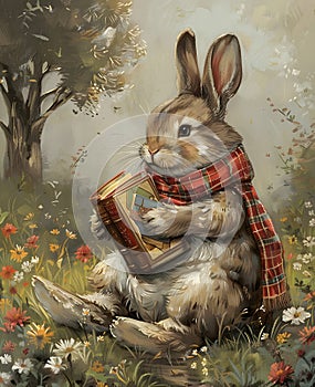 Audubons Cottontail sitting in grass with book, tree in background