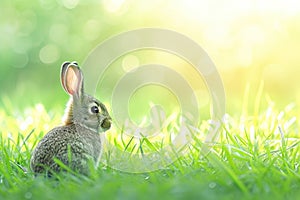 Audubons Cottontail sitting among grass on sunny day