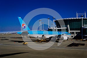 AUG, 2012 KOREAN AIR airplane at Incheon Seoul International Airport aircraft bridge