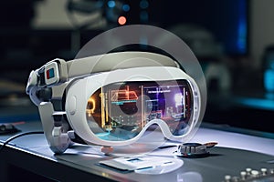 Augment reality headset with futuristic light on table. Generative AI