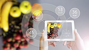 Augmented Reality or AR App Showing Nutrition Information of Food on Tablet