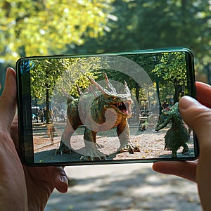 An augmented reality (AR) mobile game where the player interacts with virtual objects in a real-world setting. photo