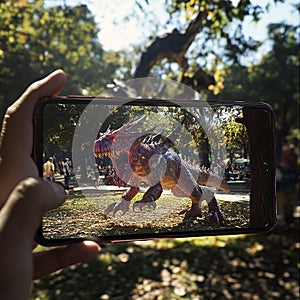 An augmented reality (AR) mobile game where the player interacts with virtual objects in a real-world setting. photo