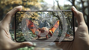 An augmented reality (AR) mobile game where the player interacts with virtual objects in a real-world setting. photo