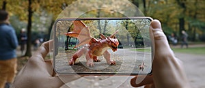 An augmented reality (AR) mobile game where the player interacts with virtual objects in a real-world setting. photo