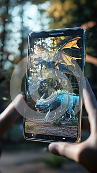 An augmented reality (AR) mobile game where the player interacts with virtual objects in a real-world setting. photo