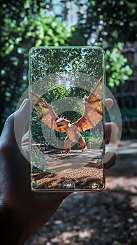 An augmented reality (AR) mobile game where the player interacts with virtual objects in a real-world setting. photo