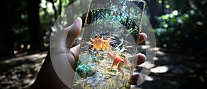 An augmented reality (AR) mobile game where the player interacts with virtual objects in a real-world setting. photo