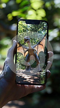 An augmented reality (AR) mobile game where the player interacts with virtual objects in a real-world setting. photo