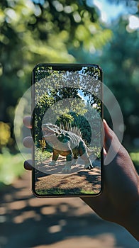 An augmented reality (AR) mobile game where the player interacts with virtual objects in a real-world setting. photo