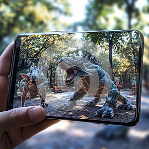 An augmented reality (AR) mobile game where the player interacts with virtual objects in a real-world setting. photo