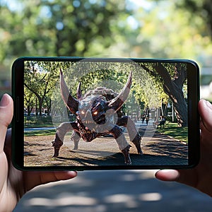 An augmented reality (AR) mobile game where the player interacts with virtual objects in a real-world setting. photo