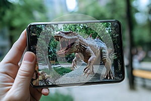 An augmented reality (AR) mobile game where the player interacts with virtual objects in a real-world setting. photo