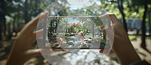 An augmented reality (AR) mobile game where the player interacts with virtual objects in a real-world setting. photo