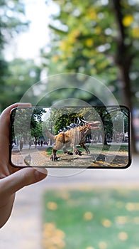 An augmented reality (AR) mobile game where the player interacts with virtual objects in a real-world setting. photo