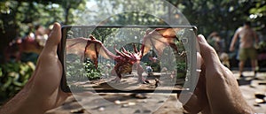 An augmented reality (AR) mobile game where the player interacts with virtual objects in a real-world setting. photo