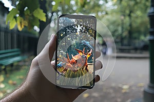 An augmented reality (AR) mobile game where the player interacts with virtual objects in a real-world setting. photo