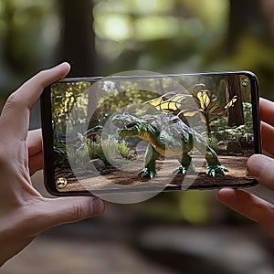 An augmented reality (AR) mobile game where the player interacts with virtual objects in a real-world setting. photo