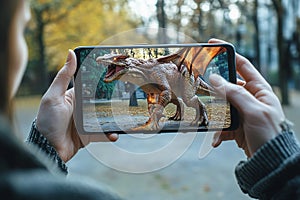 An augmented reality (AR) mobile game where the player interacts with virtual objects in a real-world setting. photo
