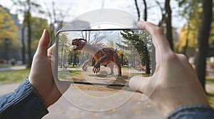 An augmented reality (AR) mobile game where the player interacts with virtual objects in a real-world setting. photo
