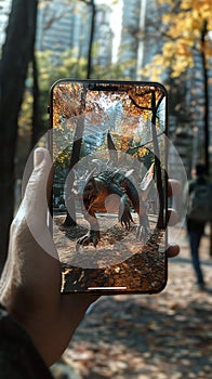 An augmented reality (AR) mobile game where the player interacts with virtual objects in a real-world setting. photo