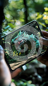 An augmented reality (AR) mobile game where the player interacts with virtual objects in a real-world setting. photo