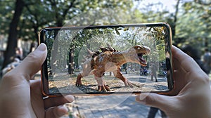 An augmented reality (AR) mobile game where the player interacts with virtual objects in a real-world setting. photo