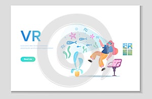 Augmented reality concept banner with character. Can use for web banner. People relax using VR technology.
