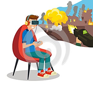 Augmented Reality Game Vector. Young Boy With Headset Playing Virtual Reality Simulation Game. Isolated Flat Cartoon