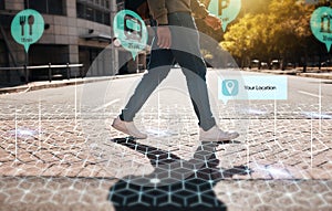 Augmented reality, hologram and legs walking in city with connection for futuristic internet travel in outdoor town