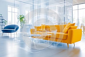 Augmented reality interface displaying 3D products in real space, blending technology and design