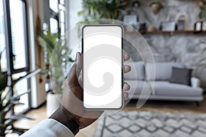 Augmented reality interior design mockup. Black hand holding smartphone in modern living room