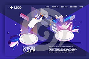 Augmented reality landing page concept. Template for your web design with flat isometric people working with messages or mail