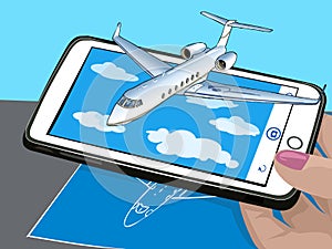 Augmented reality. New technologies for presentation. The plane flies over the clouds. Visualization of drawing on paper. Vector