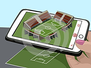 Augmented reality. New technologies for sports. Football stadium sketch and three-dimensional image. Visualize the drawing. Vector photo