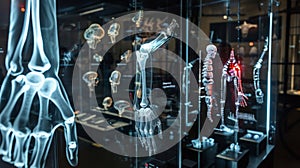 Augmented reality projections showing the internal mechanics and functions of different types of prosthetic limbs aiding photo