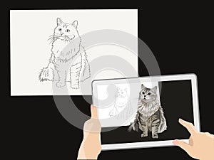 Augmented reality. A real image of a cat on a picture on paper. Hands holding a tablet. Home pets on the gadget screen. Vector.