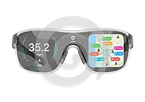 Augmented reality smart glasses with navigation display isolated on transparent background