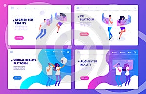 Augmented reality, virtual reality games and platform landing page templates vector set