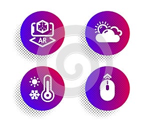 Augmented reality, Weather thermometer and Sunny weather icons set. Swipe up sign. Vector