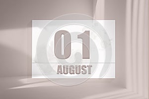 august 01. 01th day of the month, calendar date.White sheet of paper with numbers on minimalistic pink background with