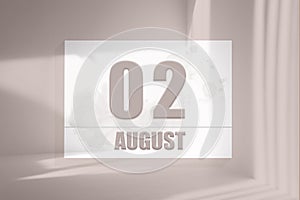 august 02. 02th day of the month, calendar date.White sheet of paper with numbers on minimalistic pink background with