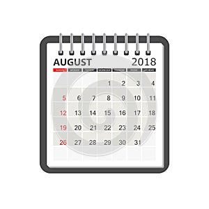 August 2018 calendar. Calendar notebook page template. Week star