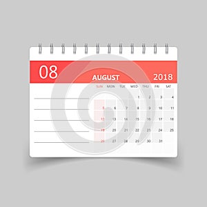 August 2018 calendar. Calendar planner design template.