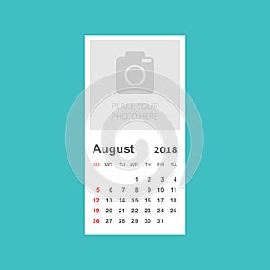 August 2018 calendar. Calendar planner design template with place for photo. Week starts on sunday. Business vector illustration.