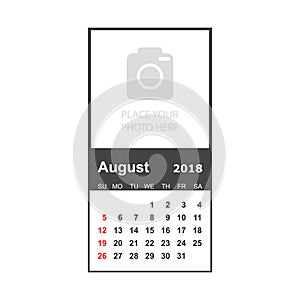 August 2018 calendar. Calendar planner design template with place for photo. Week starts on sunday. Business vector illustration.