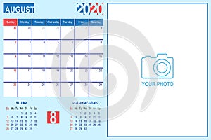 August 2020 Calendar Monthly Planner Design