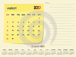 August 2020 Calendar Paper Note Design