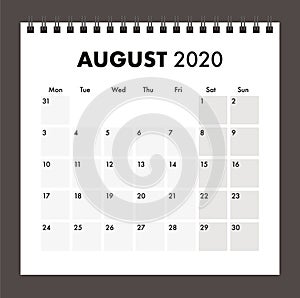 August 2020 calendar with wire band